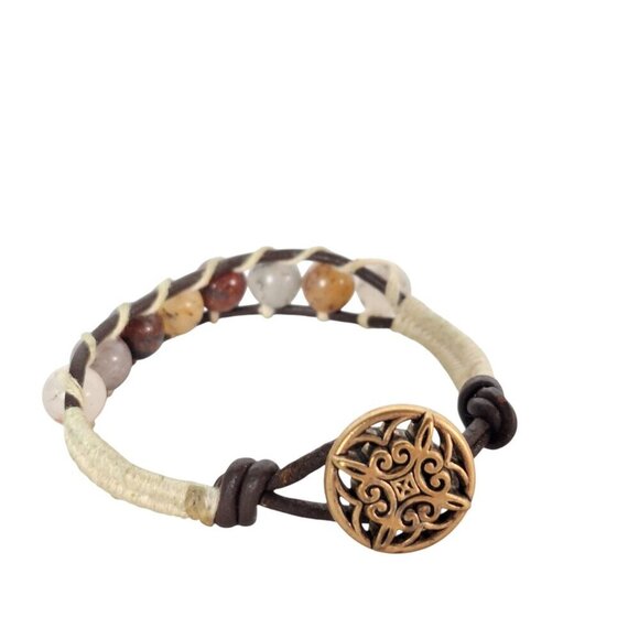 Vintage Boho Chic Glass Bead Leather Bracelet - Picture 1 of 8